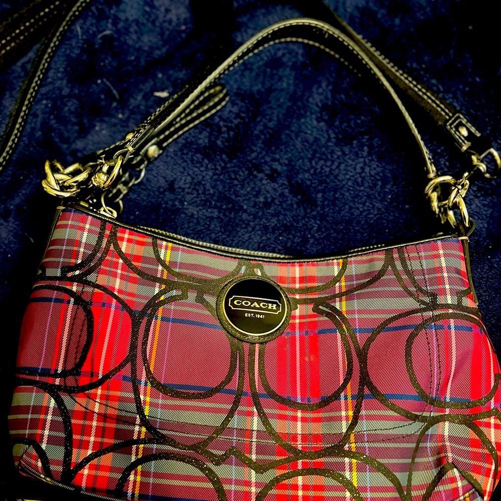 Coach purple plaid canvas cross body bag